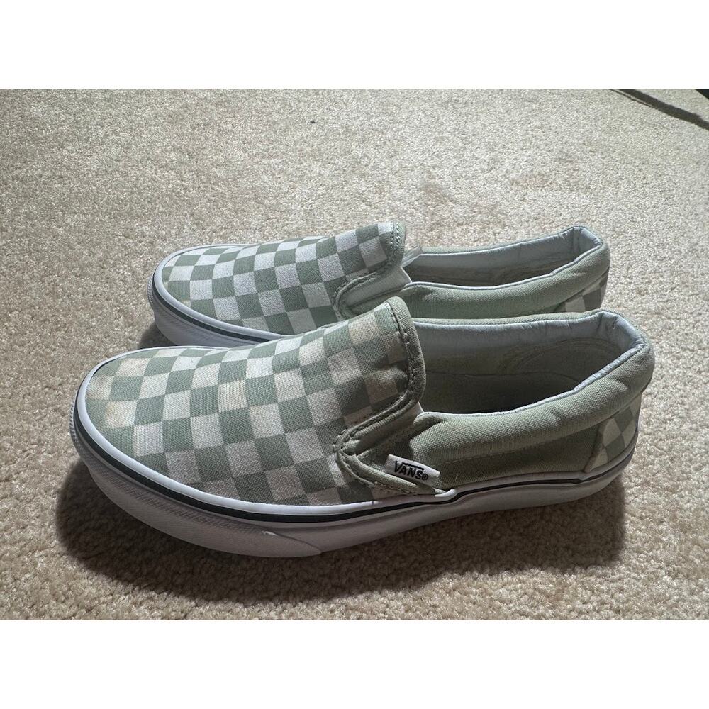 Vans Light Green Checkered Slip Ons - Size 5